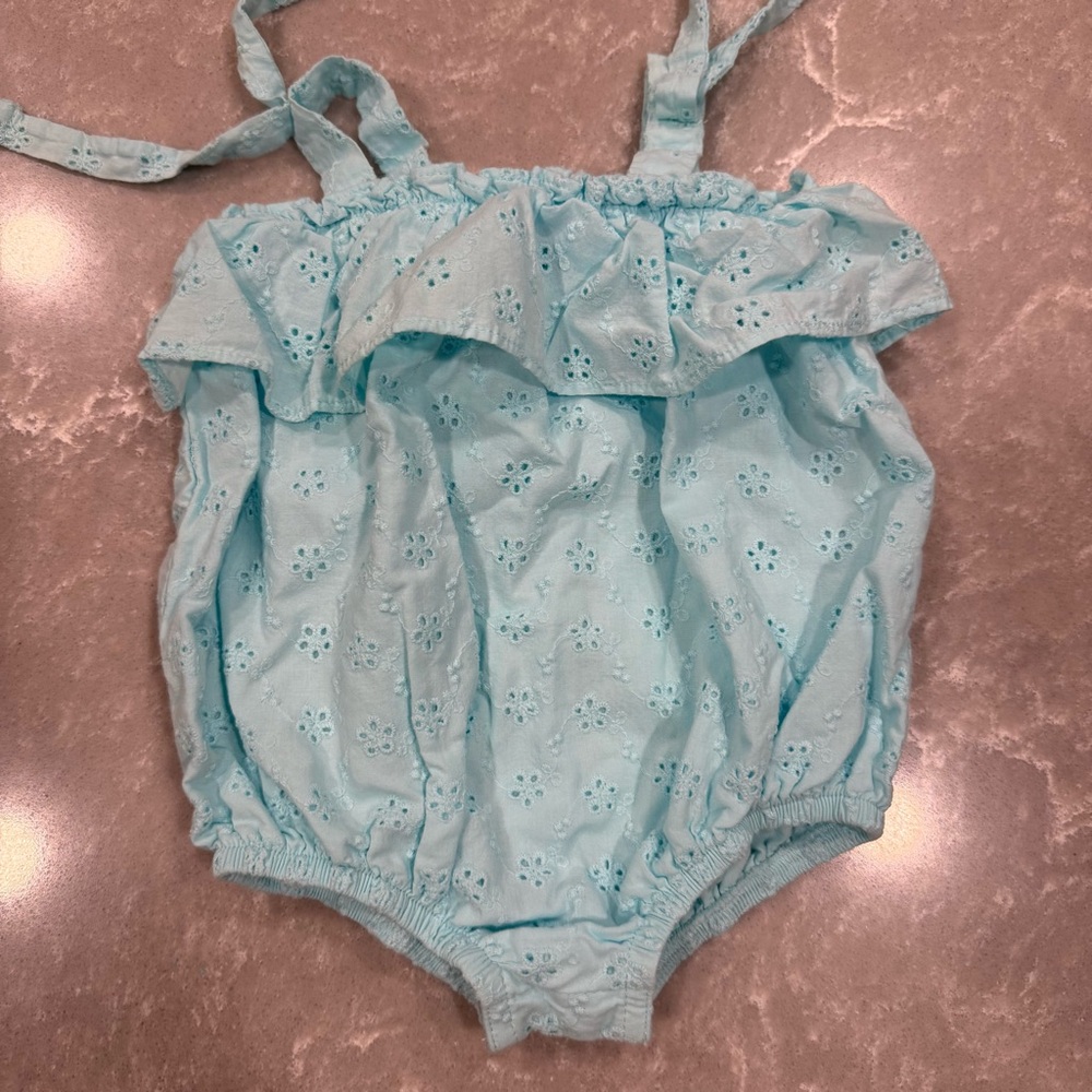 Starting Out Baby Girl Eyelet Romper | Light Blue | Size 0–3M | Tie Straps